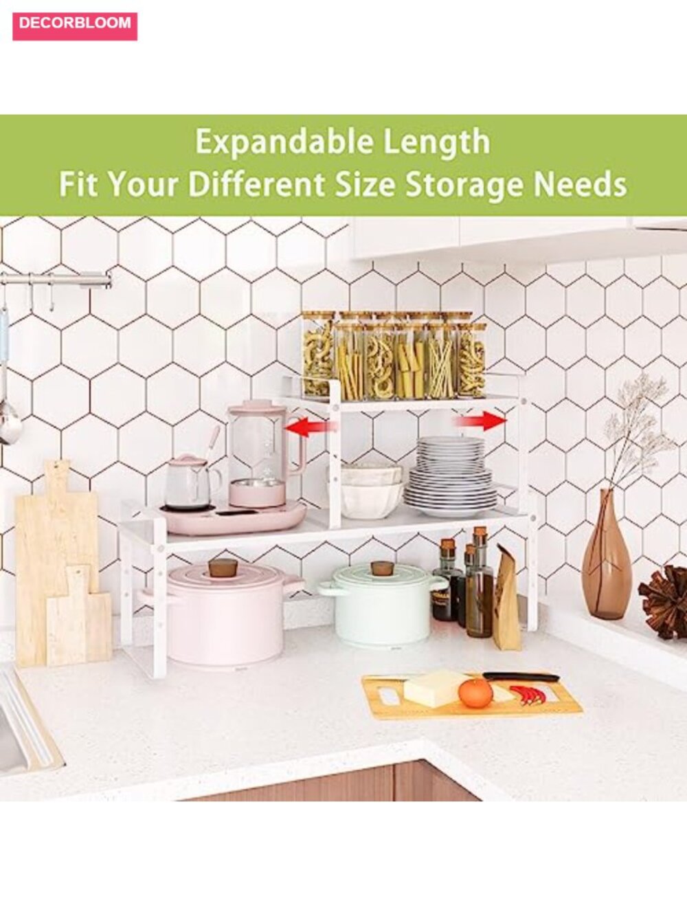 Expandable Cabinet Shelf Organizer, Stackable Kitchen Counter Storage Rack, - Picture 4 of 6